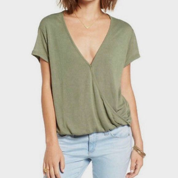 We The Free People Hoffman Surplice Knit Top Tee Crossover Wrap Blouse Green XS - Picture 1 of 7